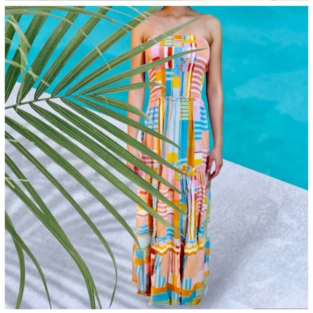 Abel the Label Anthropologie Patchwork Strapless Tiered Maxi Dress Small Smocked - Picture 2 of 10